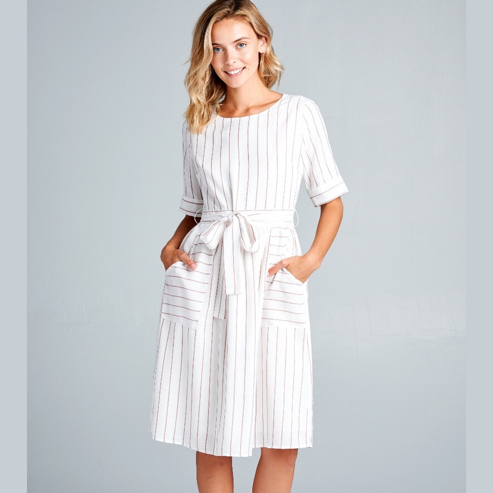 Ivory & Rust Striped Tie Waist Midi Dress